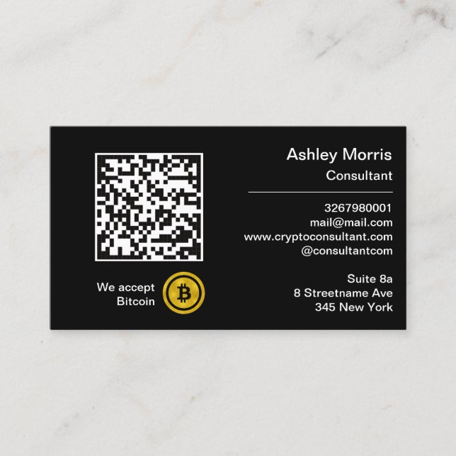 Bit Me QR Code We Accept Bitcoins Custom Gold Business Card (Front)
