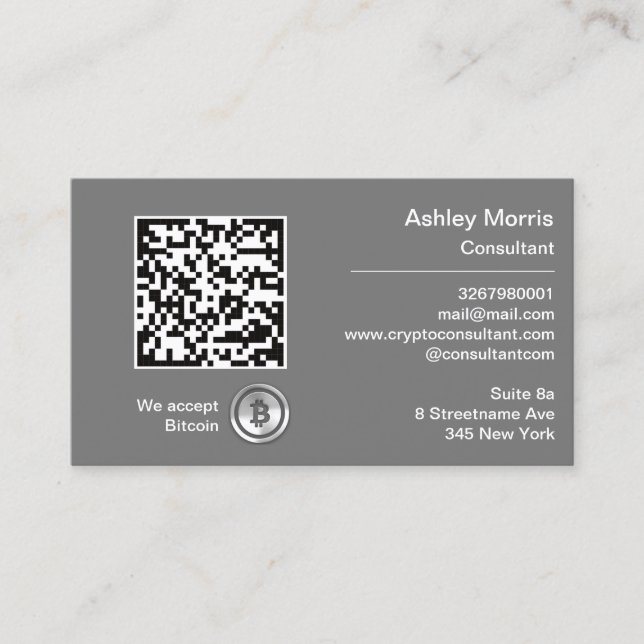Bit Me QR Code We Accept Bitcoins Custom Gray Silv Business Card (Front)