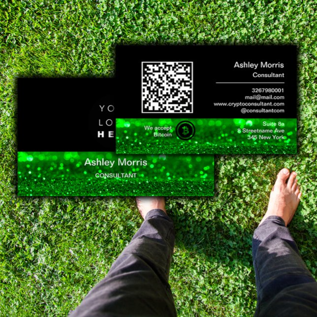 Bit Me QR Code We Accept Bitcoins Green Glitter Business Card (Bit Me QR Code We Accept Bitcoins Green Glitter Business Card)