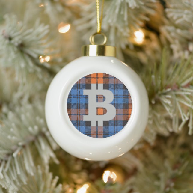 Bitcoin Blue Plaid Snowflake Pewter Christmas Orna Ceramic Ball Christmas Ornament (Tree)