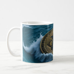Bitcoin coin in the waves coffee mug