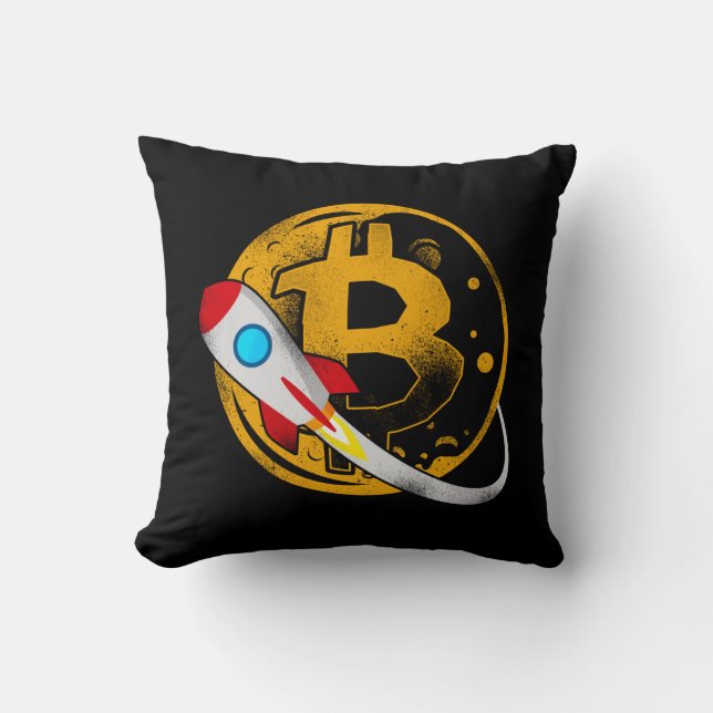 Bitcoin Crypto Bitcoin Rocket Moon Rocket Moon Throw Pillow (Front)
