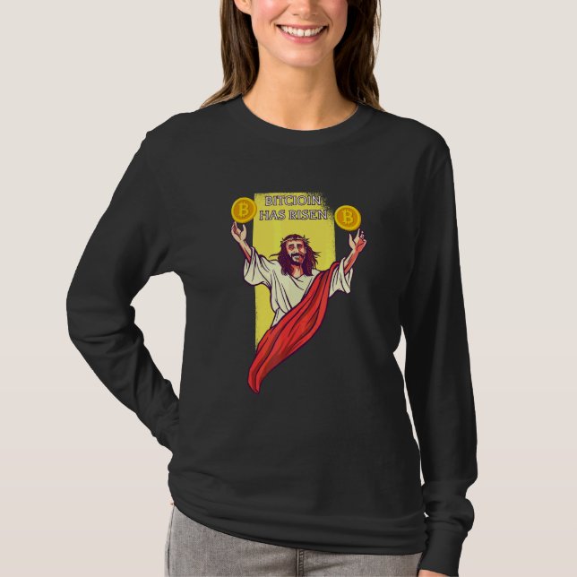 Bitcoin Crypto Has Risen   Cryptocurrency Jesus T-Shirt (Front)