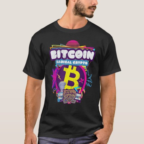 Bitcoin Crypto Radical Currency 80s Purple Pink Re T_Shirt