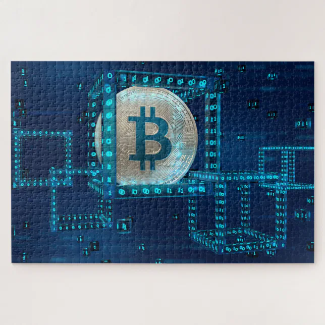 Bitcoin Cryptocurrency Blockchain Blue Silver Jigsaw Puzzle (Horizontal)
