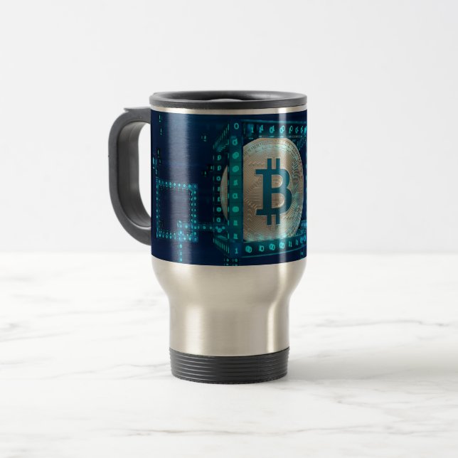 Bitcoin Cryptocurrency Blockchain Blue Silver Travel Mug (Front Left)