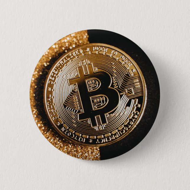 Bitcoin Cryptocurrency Chic Black Gold Glitter Button (Front)
