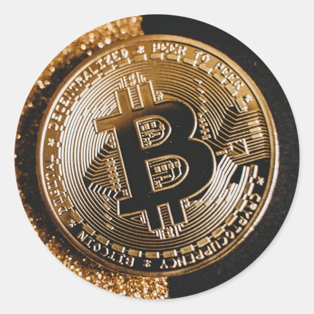 Bitcoin Cryptocurrency Chic Black Gold Glitter Classic Round Sticker (Front)