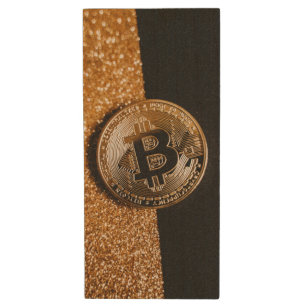 Bitcoin Cryptocurrency Chic Black Gold Glitter Wood Flash Drive