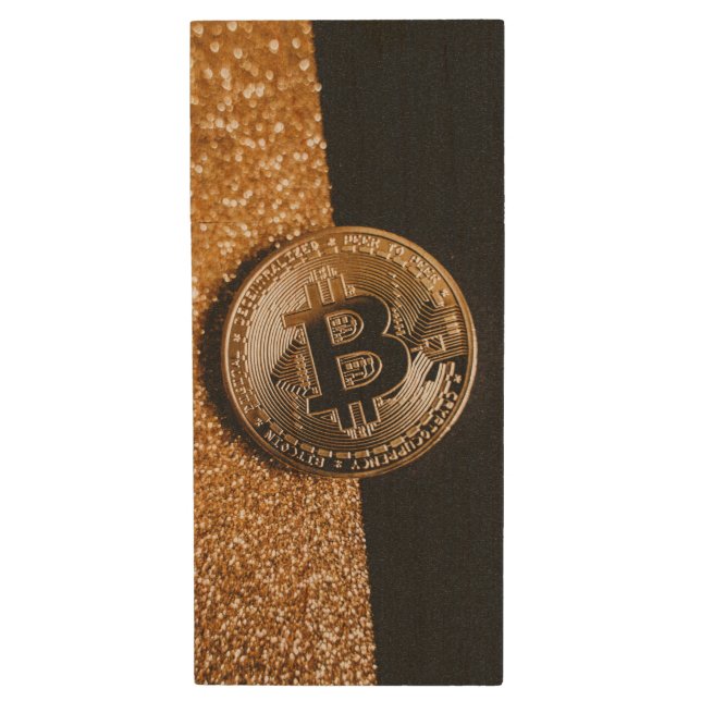 Bitcoin Cryptocurrency Chic Black Gold Glitter Wood Flash Drive (Front Vertical)