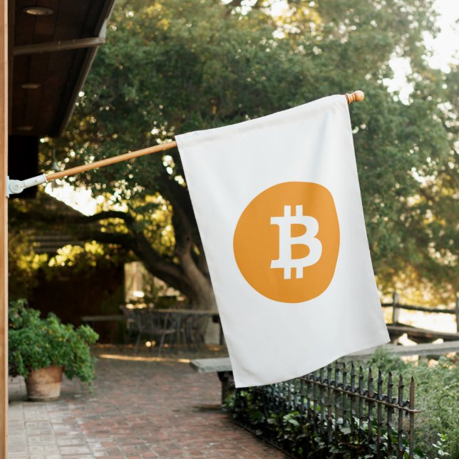 Bitcoin Cryptocurrency Logo House Flag (In SItu)