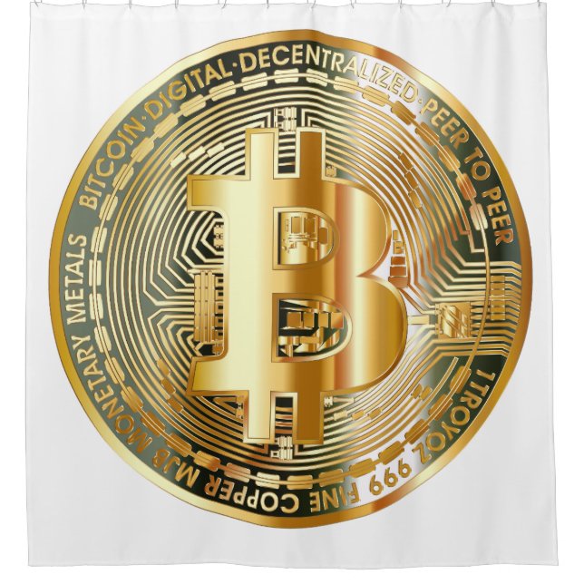 Bitcoin cryptocurrency shower curtain (Front)