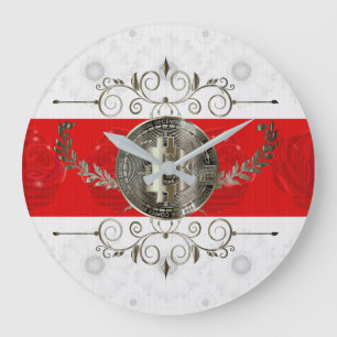 Bitcoin Gold Coin Money White Red Design Large Clock
