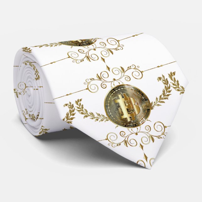 Bitcoin Gold Coin White Golden Pattern Neck Tie (Rolled)