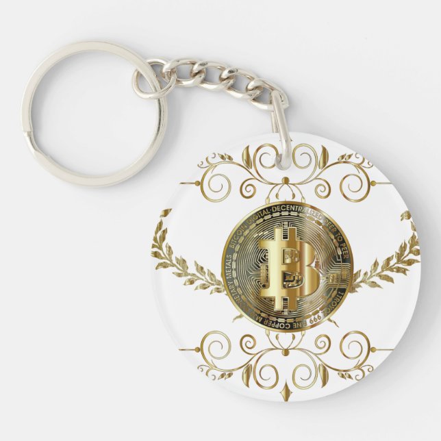 Bitcoin Gold & White Coin Cryptocurrency Money Keychain (Front)