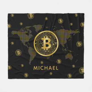 Bitcoin Gold World Black Crypto Personalized Name Fleece Blanket