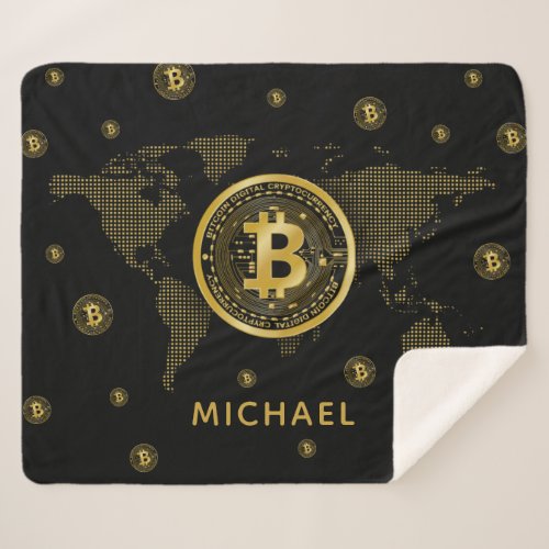 Bitcoin Gold World Black Crypto Personalized Name Sherpa Blanket