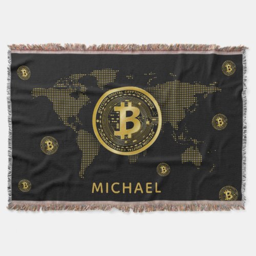 Bitcoin Gold World Black Crypto Personalized Name Throw Blanket