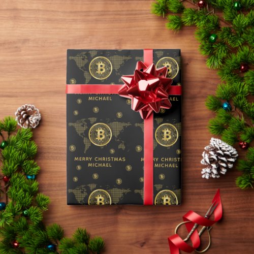 Bitcoin Gold World Black Crypto Personalized Name Wrapping Paper