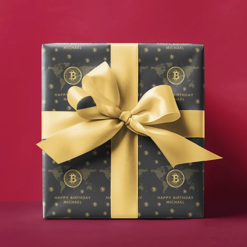 Bitcoin Gold World Black Crypto Personalized Name Wrapping Paper