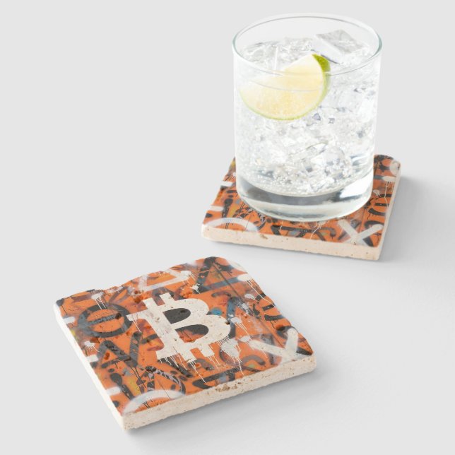 "Bitcoin Graffiti" (Style #2) Street Art Stone Coaster (Side)