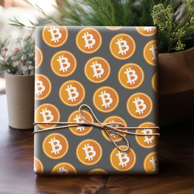 Bitcoin Icon in orange and grey Wrapping Paper (Custom Bitcoin Paper)