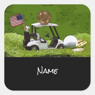 Bitcoin is on golf cart with Flag of America  Square Sticker