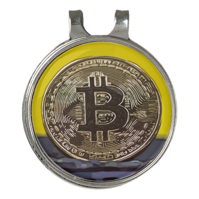 Bitcoin is on yellow background   golf hat clip (Front)