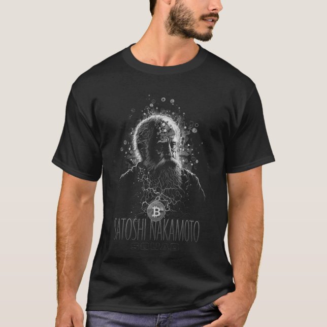 Bitcoin logo and old wise man design black T-Shirt (Front)