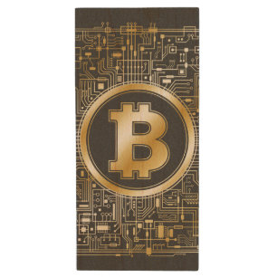 Bitcoin Logo Crypto Circuit Board Cryptocurrency Wood Flash Drive