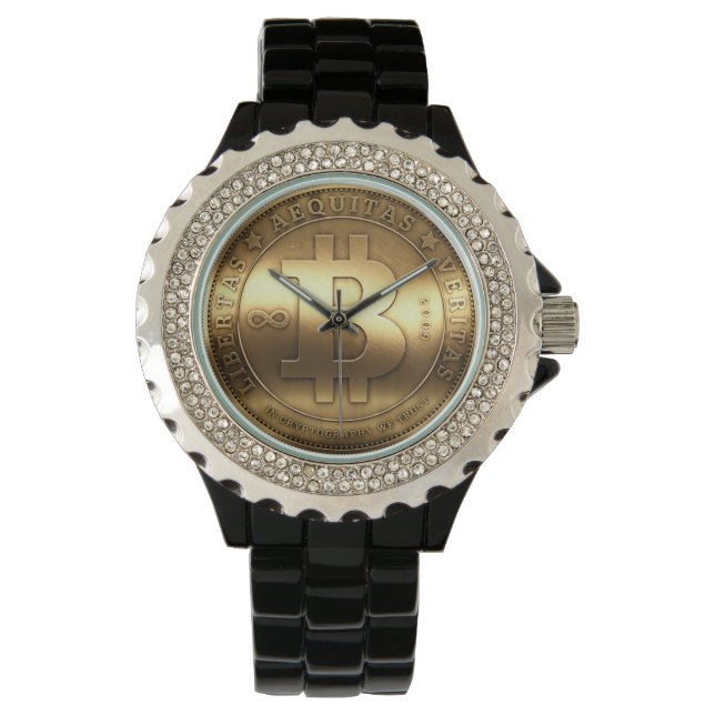 Bitcoin Logo Symbol Black Rhinestone Wrist Watch (Front)
