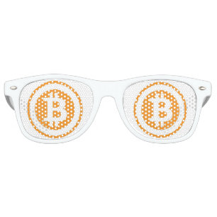 Bitcoin orange and white logo with circle retro sunglasses