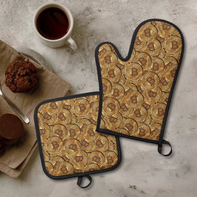Bitcoin Pattern Crypto Money Gold Cool Luxury Geek Oven Mitt & Pot Holder Set (Creator Uploaded)