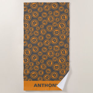 Bitcoin Patterned Orange and Gray Personalized Beach Towel