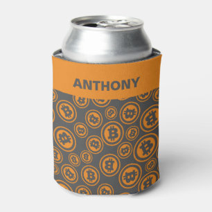 Bitcoin Patterned Orange and Gray Personalized Can Cooler