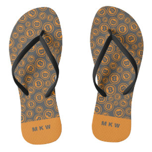 Bitcoin Patterned Orange and Gray Personalized Flip Flops