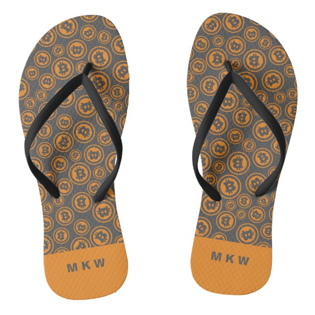 Bitcoin Patterned Orange and Gray Personalized Flip Flops (Footbed)