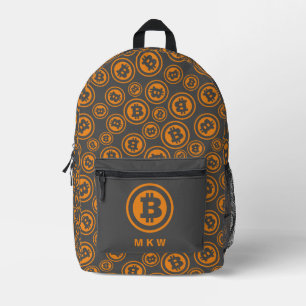 Bitcoin Patterned Orange and Gray Personalized Printed Backpack