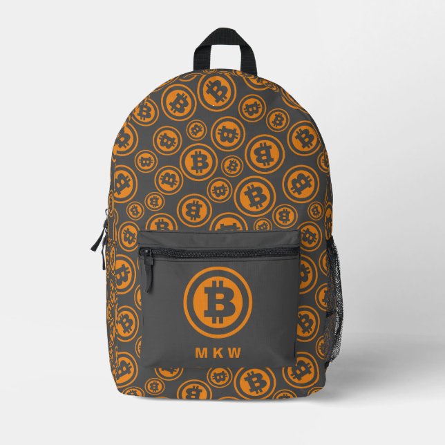 Bitcoin Patterned Orange and Gray Personalized Printed Backpack (Front)