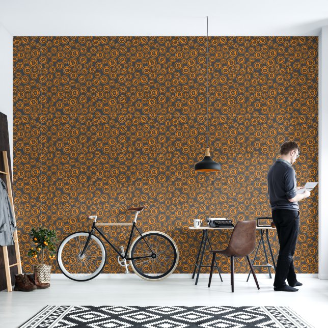 Bitcoin Symbols Orange and Gray Patterned Wallpaper (Living Room)