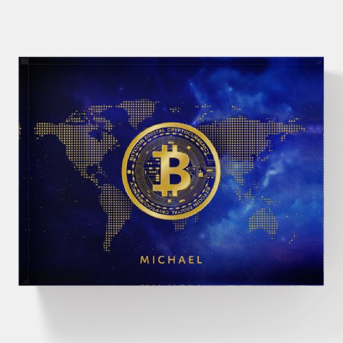 Bitcoin World Gold Crypto Space Personalized Name Paperweight