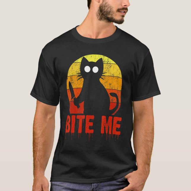 Bite Me Cat Gory Horror Scene   Spooky Catty T-Shirt (Front)