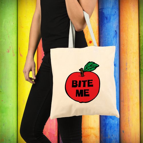 Bite Me Feisty Red Apple Cartoon Canvas  Tote Bag