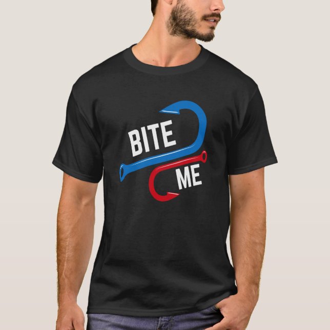 Bite Me Funny Fishing Hook Humor Retro Style T-Shirt (Front)