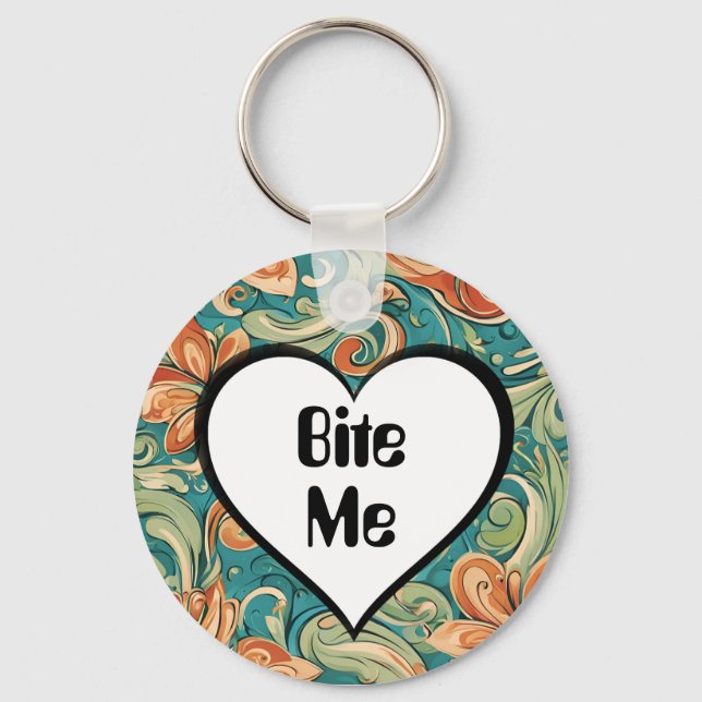 Bite Me Funny Heart Swirly Retro Design Keychain (Front)