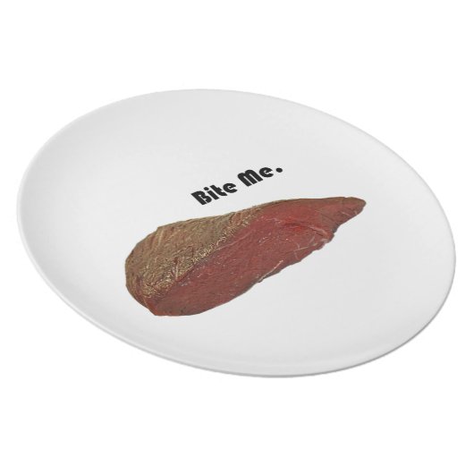 Bite Me Funny Steak Beef Pun Joke Dinner Plate (Right Side)