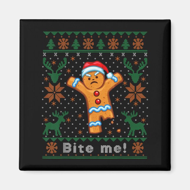 Bite Me Gingerbread Man - Funny Ugly Christmas Swe Magnet (Front)