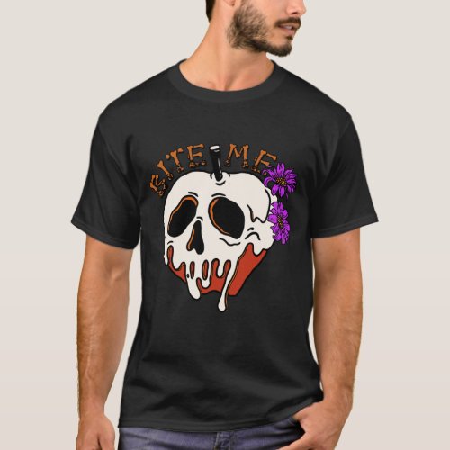 Bite Me _ Halloween Skull Poison Apple  Flowers T_Shirt
