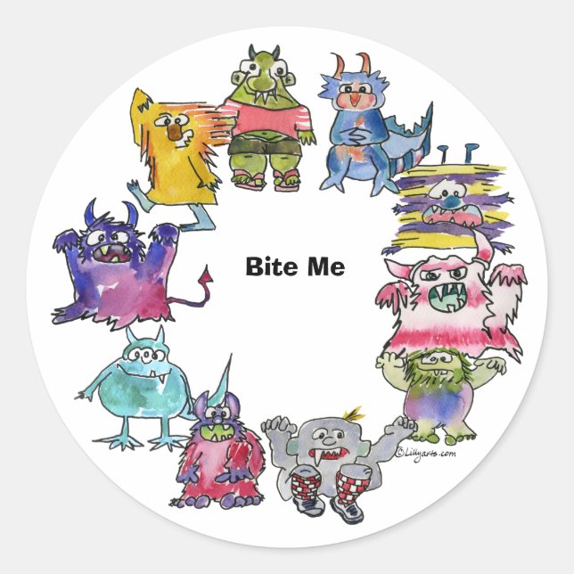 Bite Me Monsters Cartoon Plate Classic Round Sticker (Front)