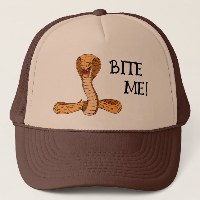 Bite Me Reptile Cobra Cartoon Snake Trucker Hat (Front)